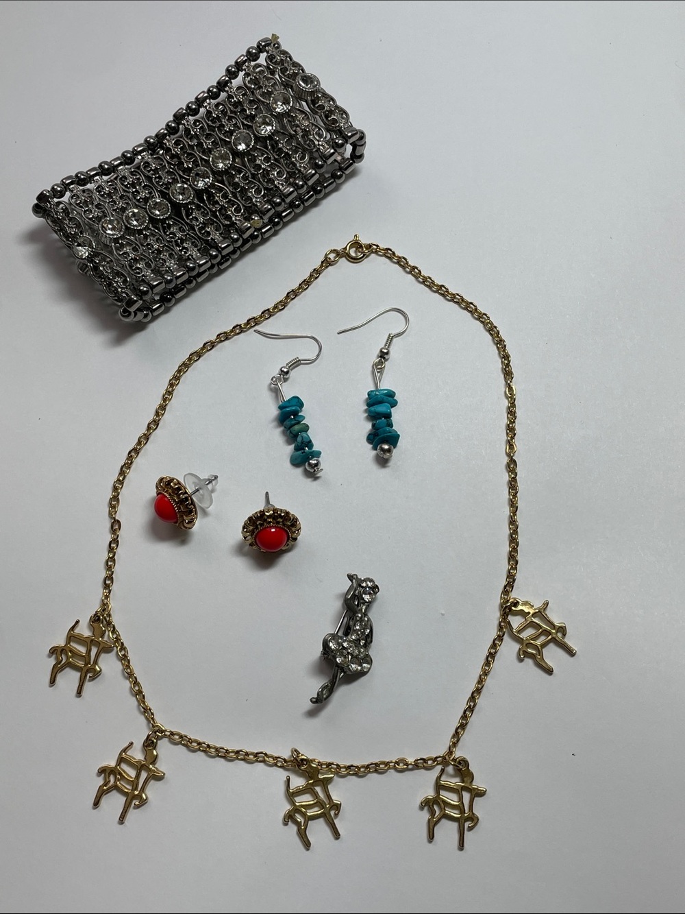 Gold Charm Choker Necklace, Earrings,Brooch and Bracelet